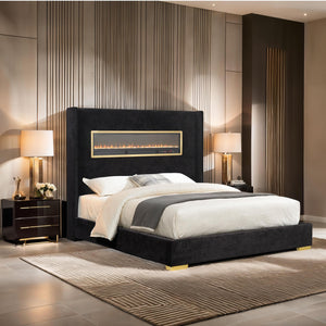 Contemporary Smart Platform Bed with 3D Fireplace LED Headboard, Bluetooth Audio, USB & TF Card Slots, Stainless Steel Frame