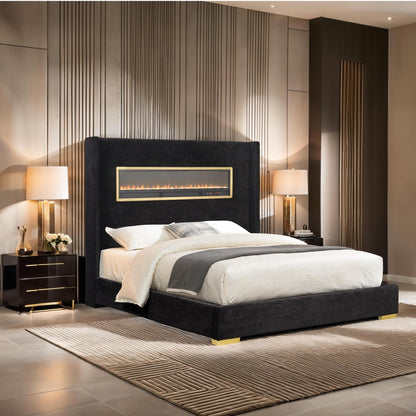Contemporary Smart Platform Bed with 3D Fireplace LED Headboard, Bluetooth Audio, USB & TF Card Slots, Stainless Steel Frame