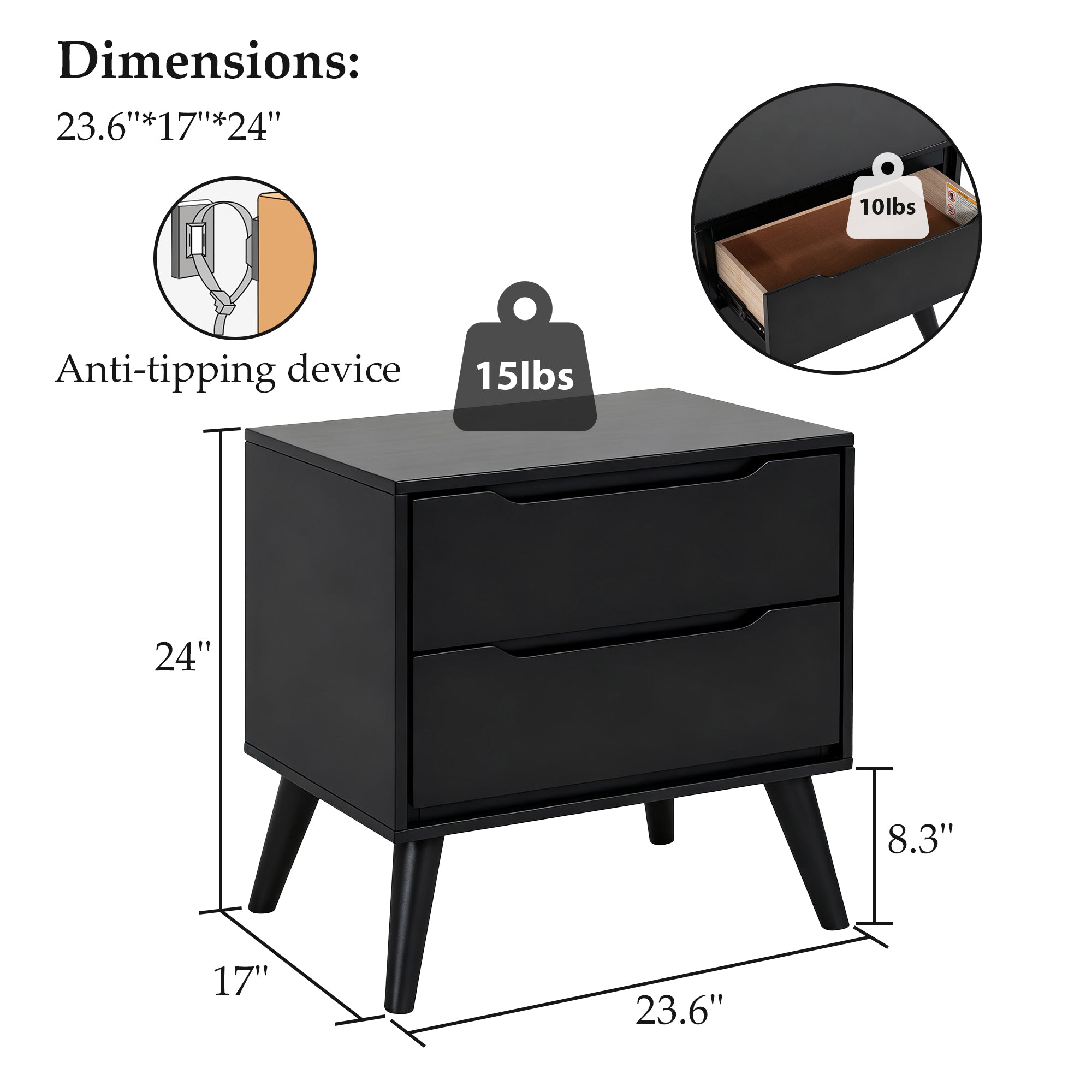 Modern  black wooden Nightstand - Dimensions image