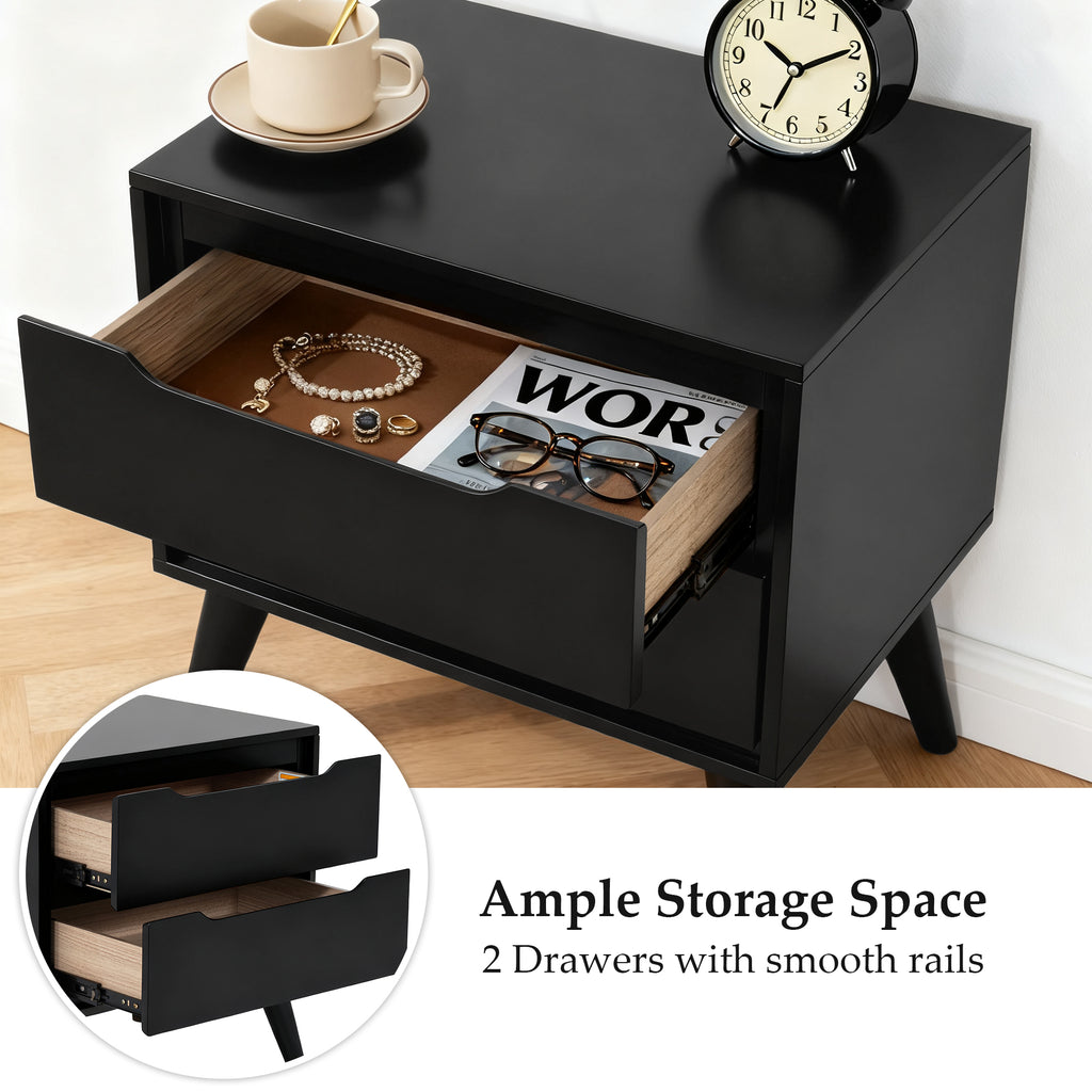 Modern Black Wooden Nightstand with Ample Storage Space and Two Sliding Drawers - Detail Images