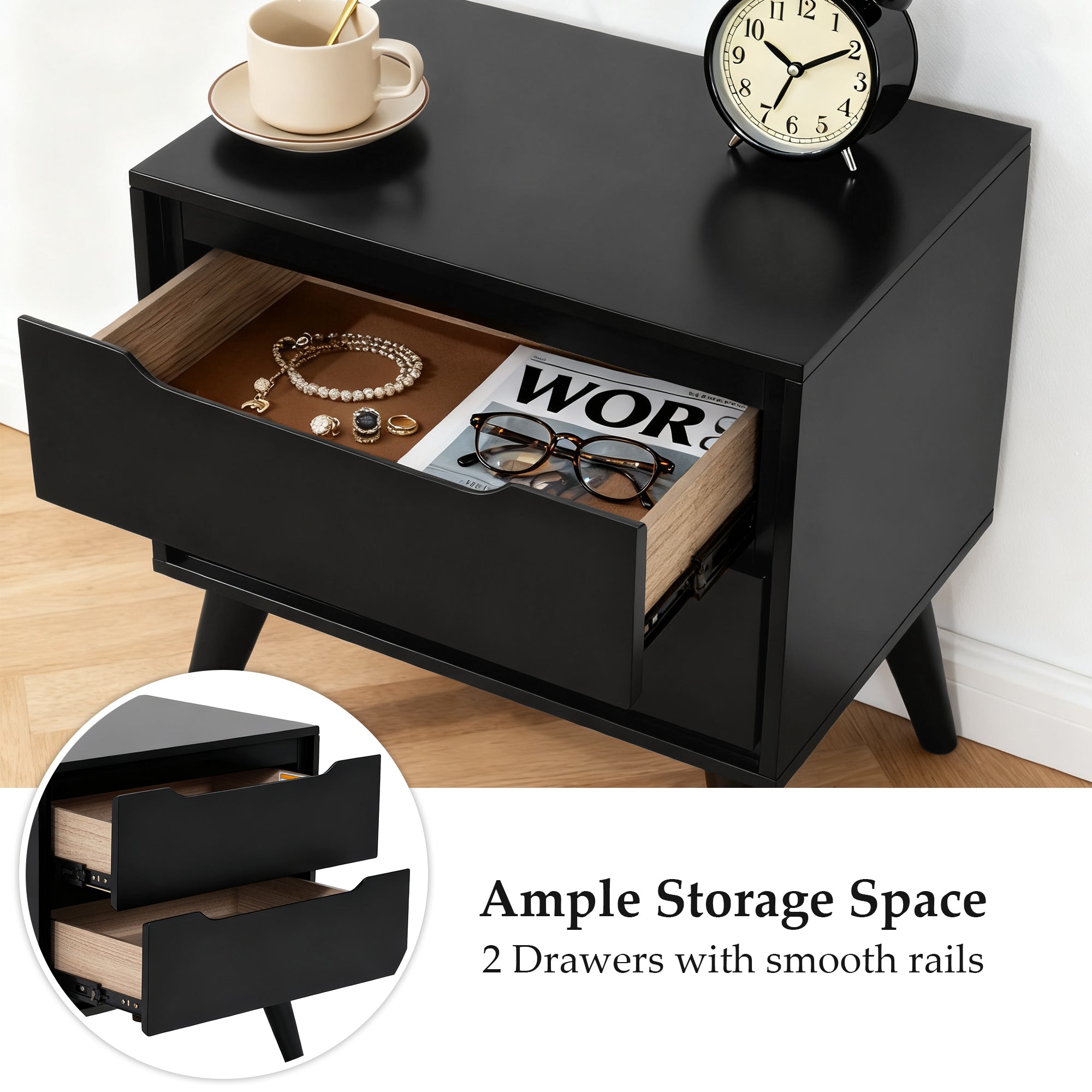 Modern Black Wooden Nightstand with Ample Storage Space and Two Sliding Drawers - Detail Images