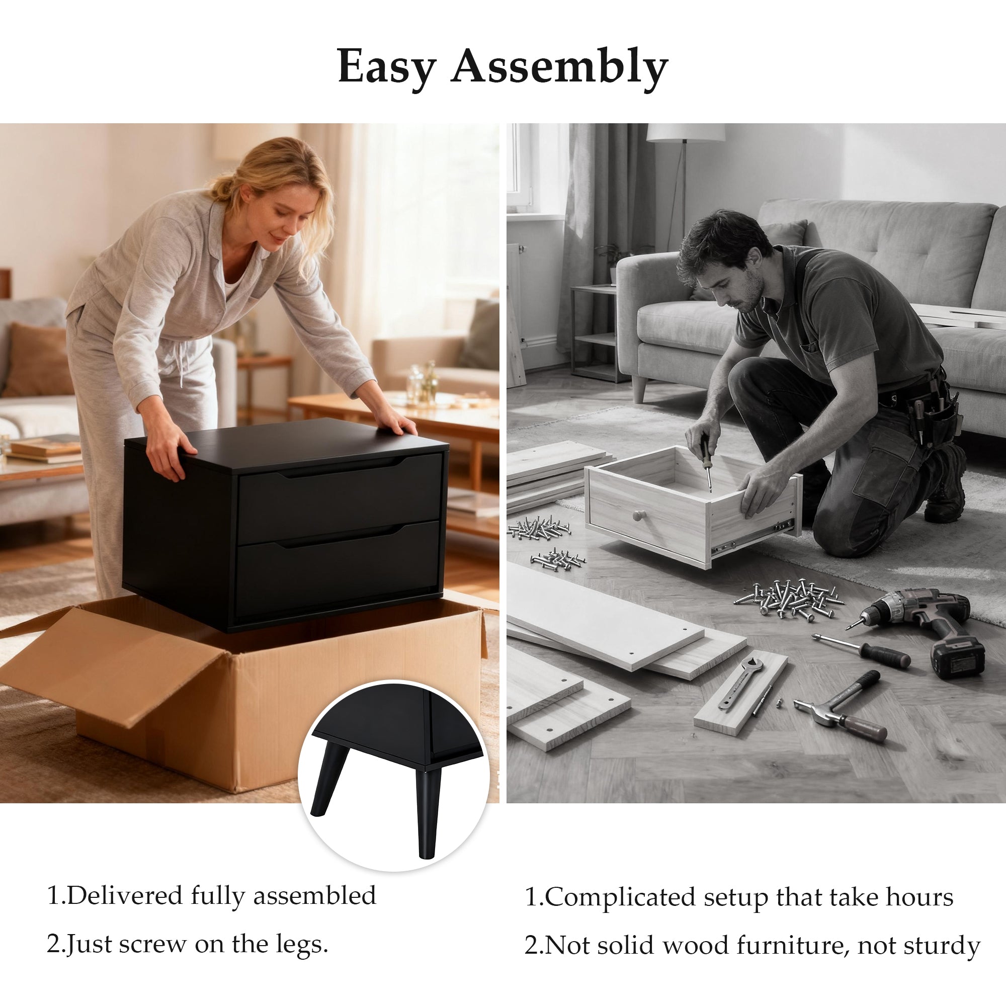 Modern Black Wooden Nightstand (Illustrative Image) - No Installation Required