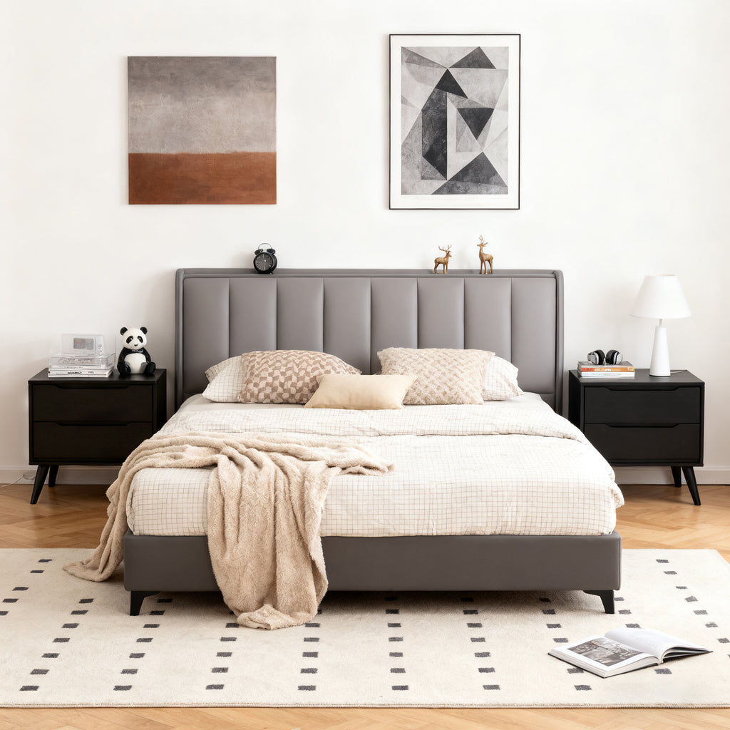 Bedroom Scene Images of the Modern Black Wooden Nightstand