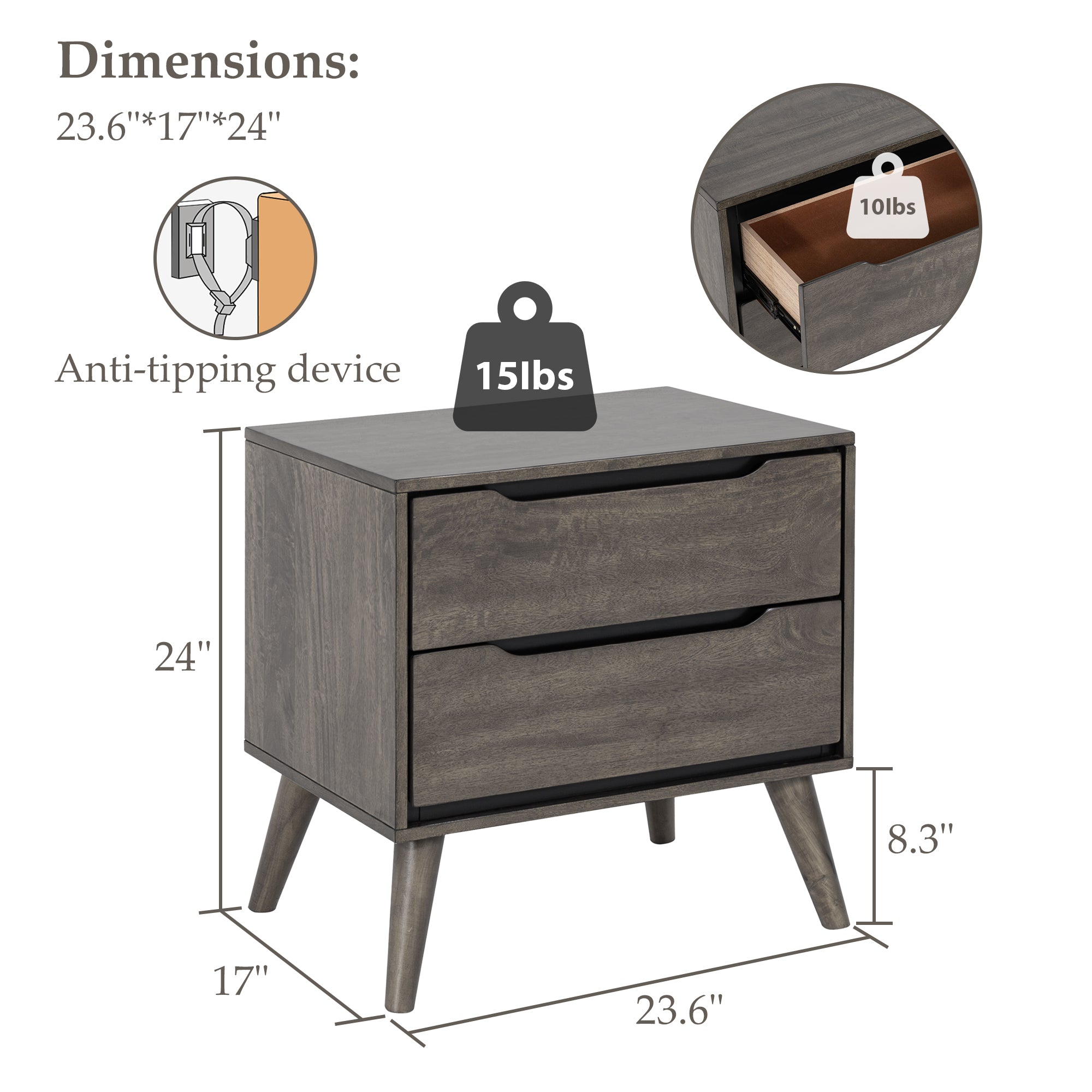 Gray-colored modern wooden Nightstand - Dimensions image