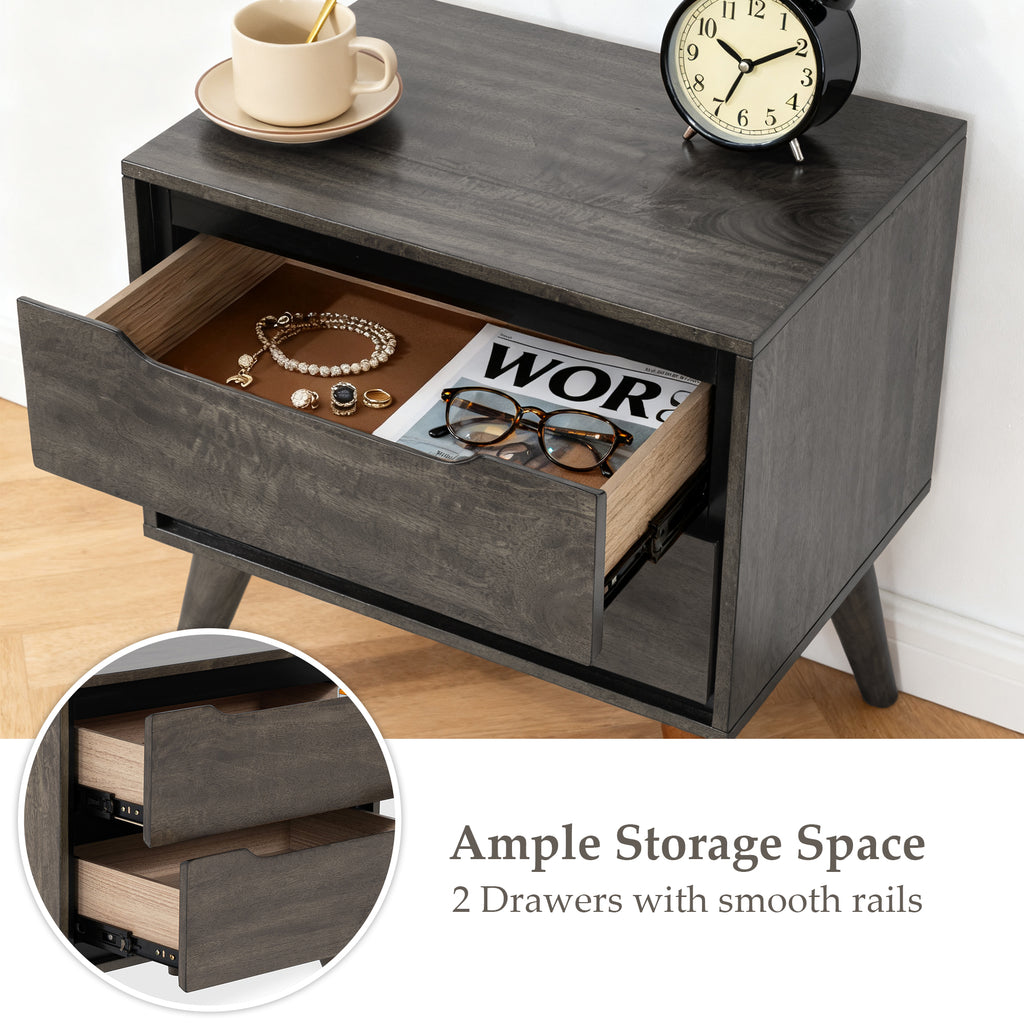 Gray-colored modern wooden nightstand with ample storage space, featuring 2 drawers on smooth rails-Detail image