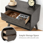 Gray-colored modern wooden nightstand with ample storage space, featuring 2 drawers on smooth rails-Detail image