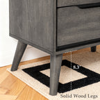 Detail images of the legs of a gary-colored modern wooden nightstand.