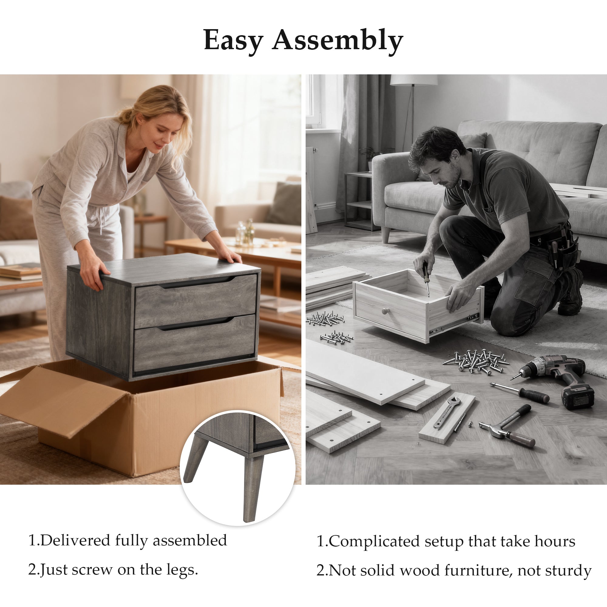 Gray-colored modern wooden nightstand (illustration image) - No installation required