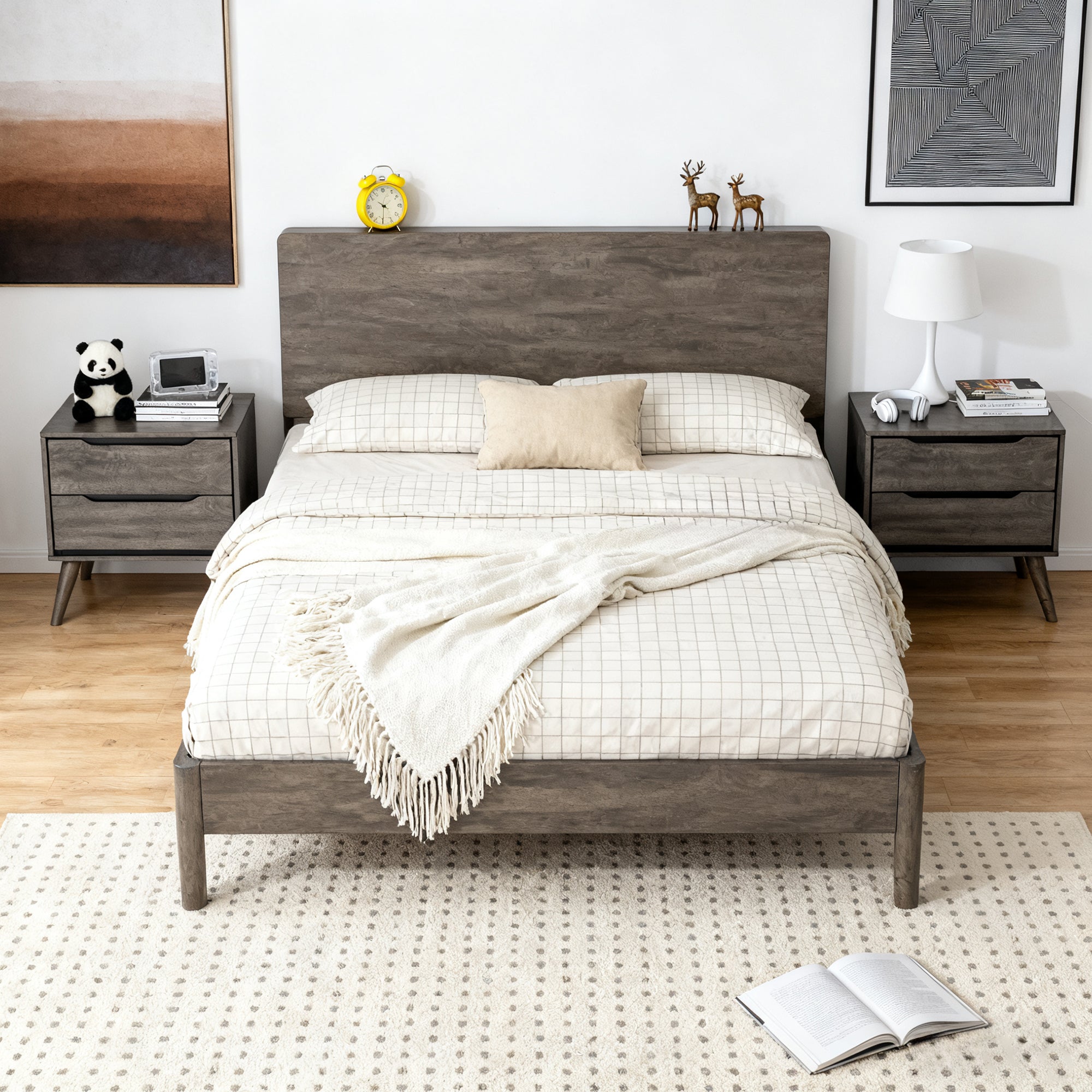 Bedroom scene images of a gray-colored modern wooden 