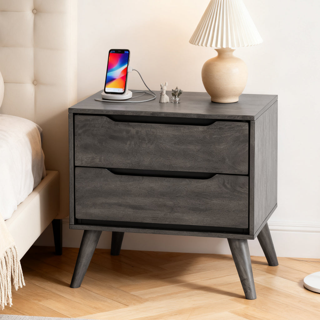 Images of a bedside scene in a gray-colored modern wooden nightstand.