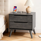 Images of a bedside scene in a gray-colored modern wooden nightstand.