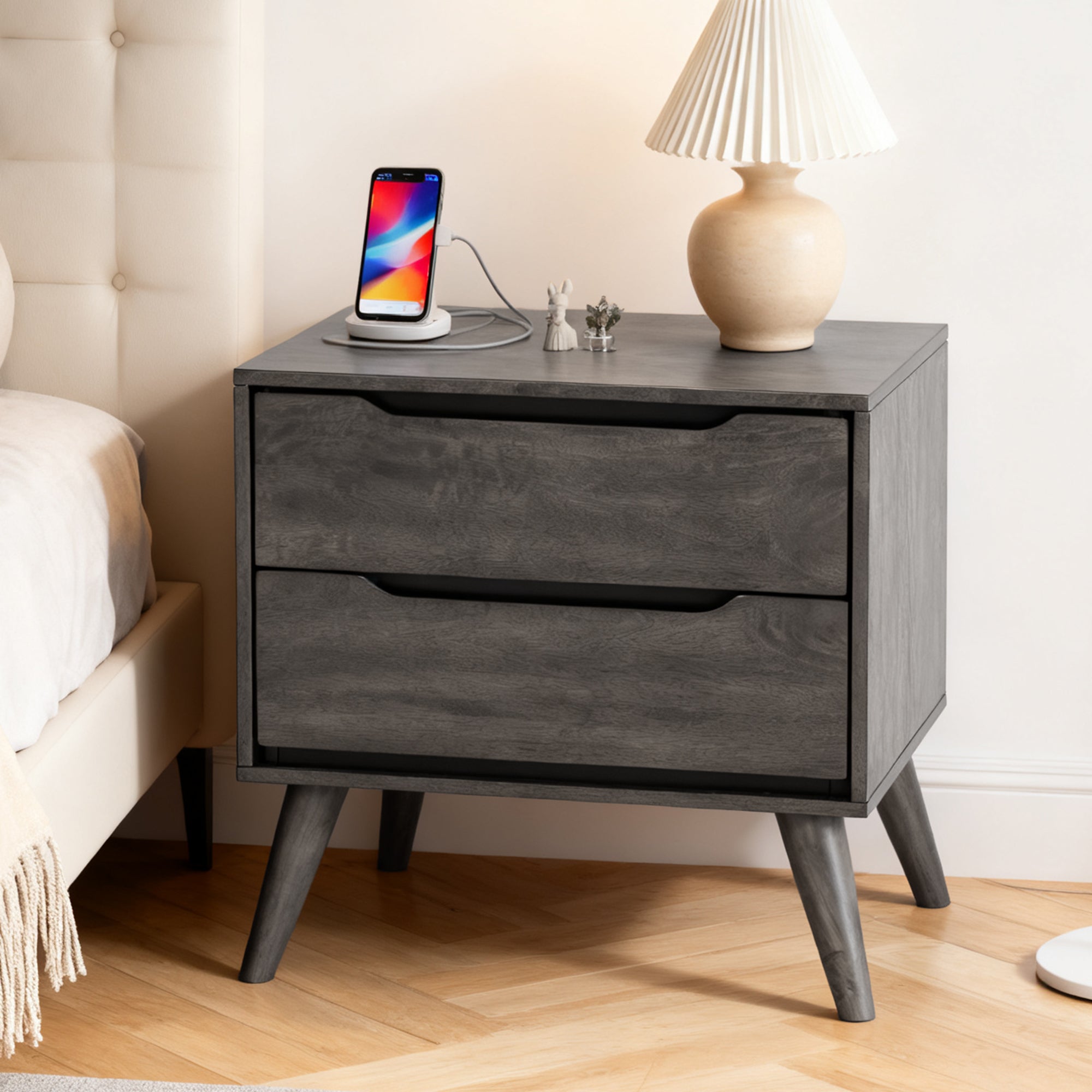 Images of a bedside scene in a gray-colored modern wooden nightstand.