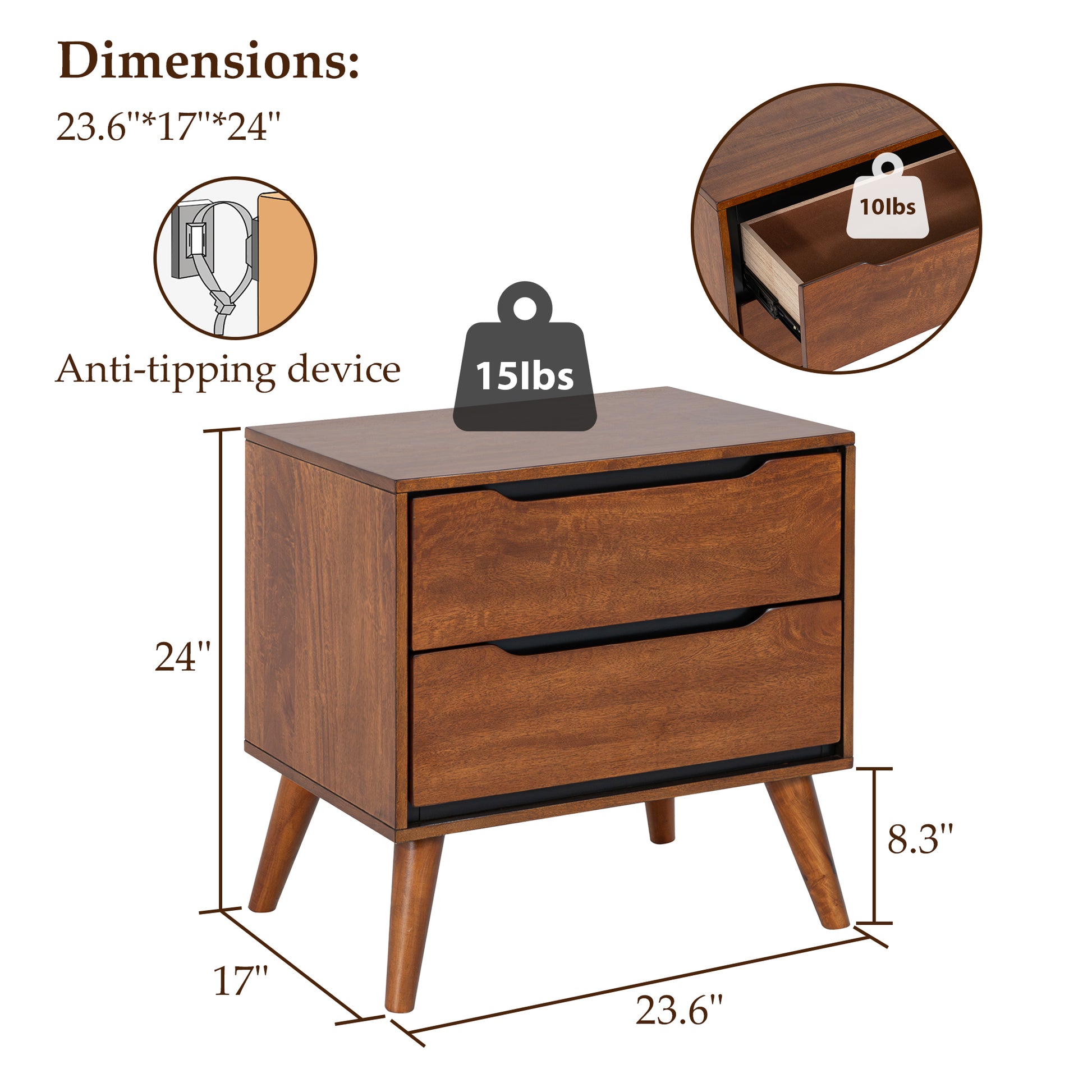 Oak-colored modern wooden Nightstand - Dimensions image