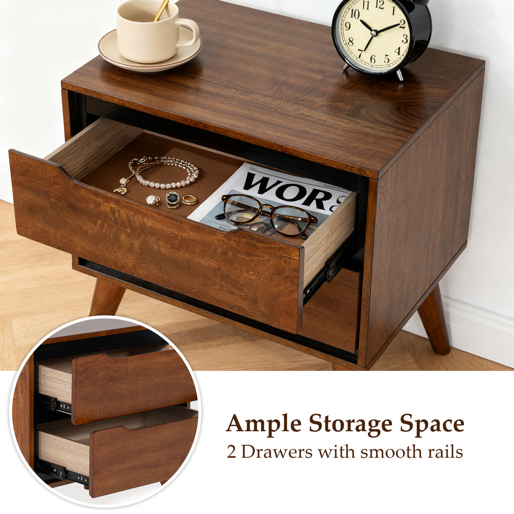Oak-colored modern wooden nightstand with ample storage space, featuring 2 drawers on smooth rails-Detail image