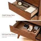 Detail images of the interior of the drawer slides of an oak-colored modern wooden nightstand.