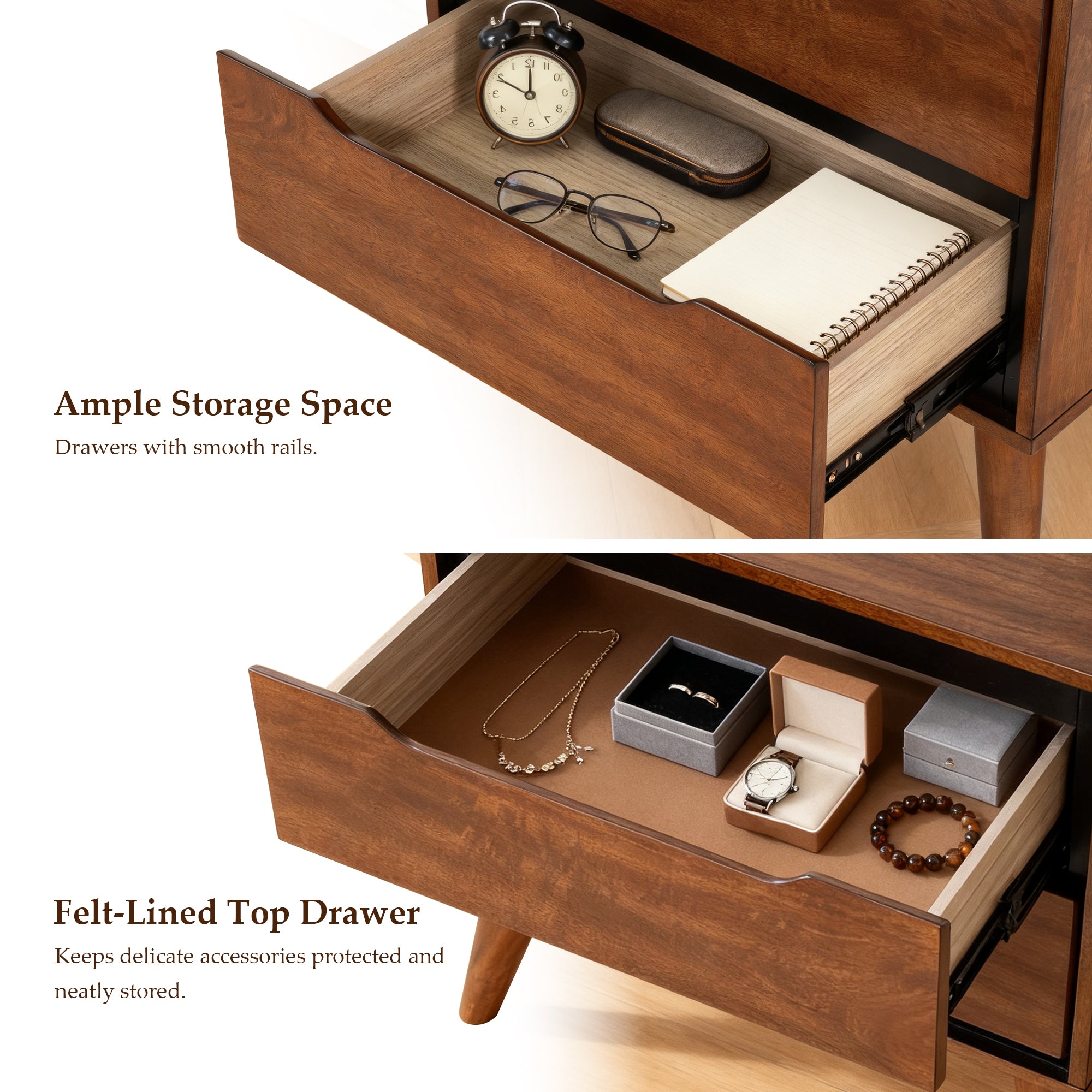 Detail images of the interior of the drawer slides of an oak-colored modern wooden nightstand.