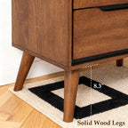 Detail images of the legs of an oak-colored modern wooden nightstand.
