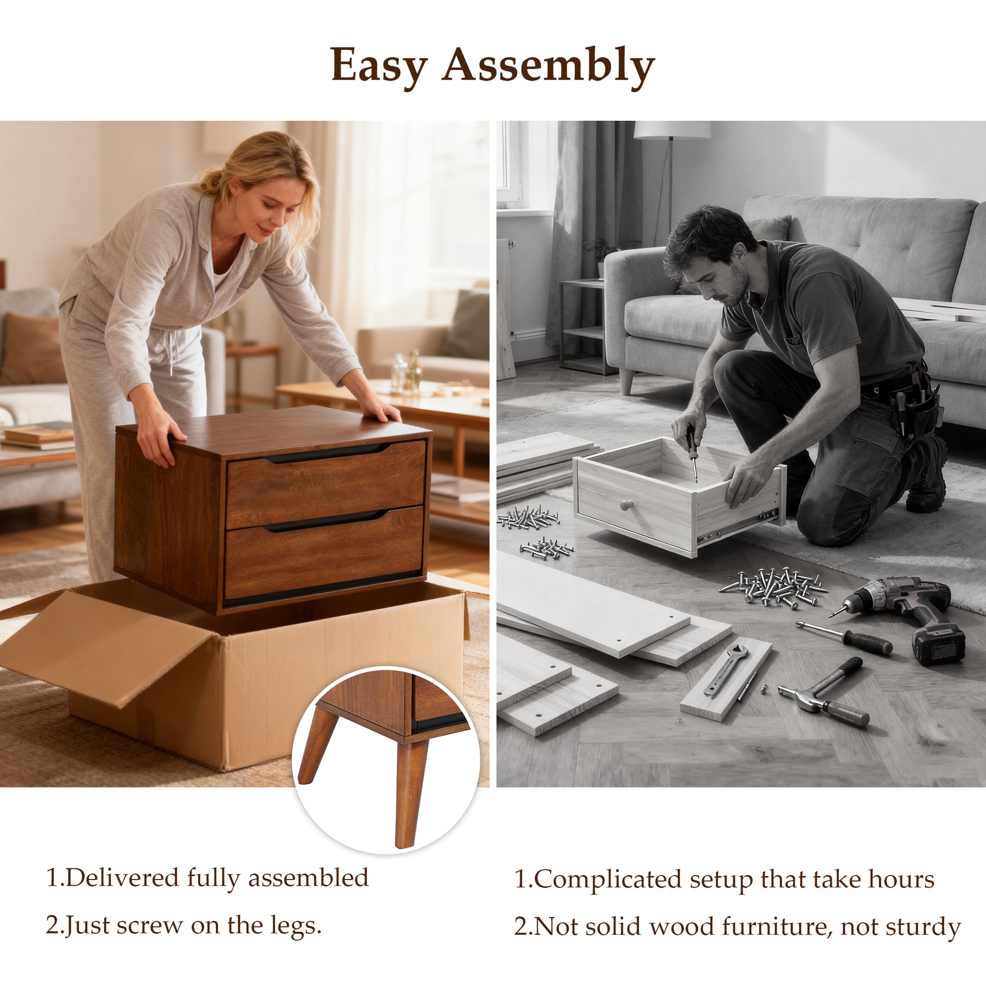 Oak-colored modern wooden nightstand (illustration image) - No installation required