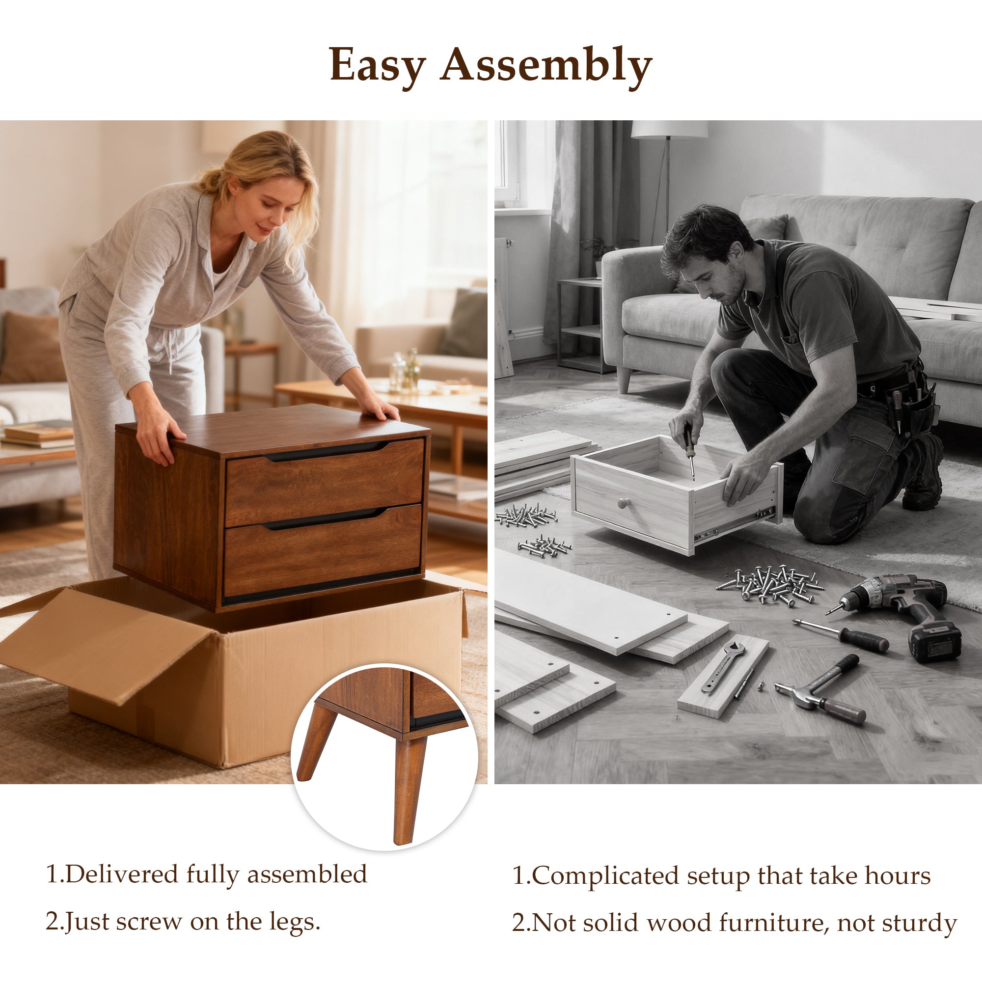 Oak-colored modern wooden nightstand (illustration image) - No installation required