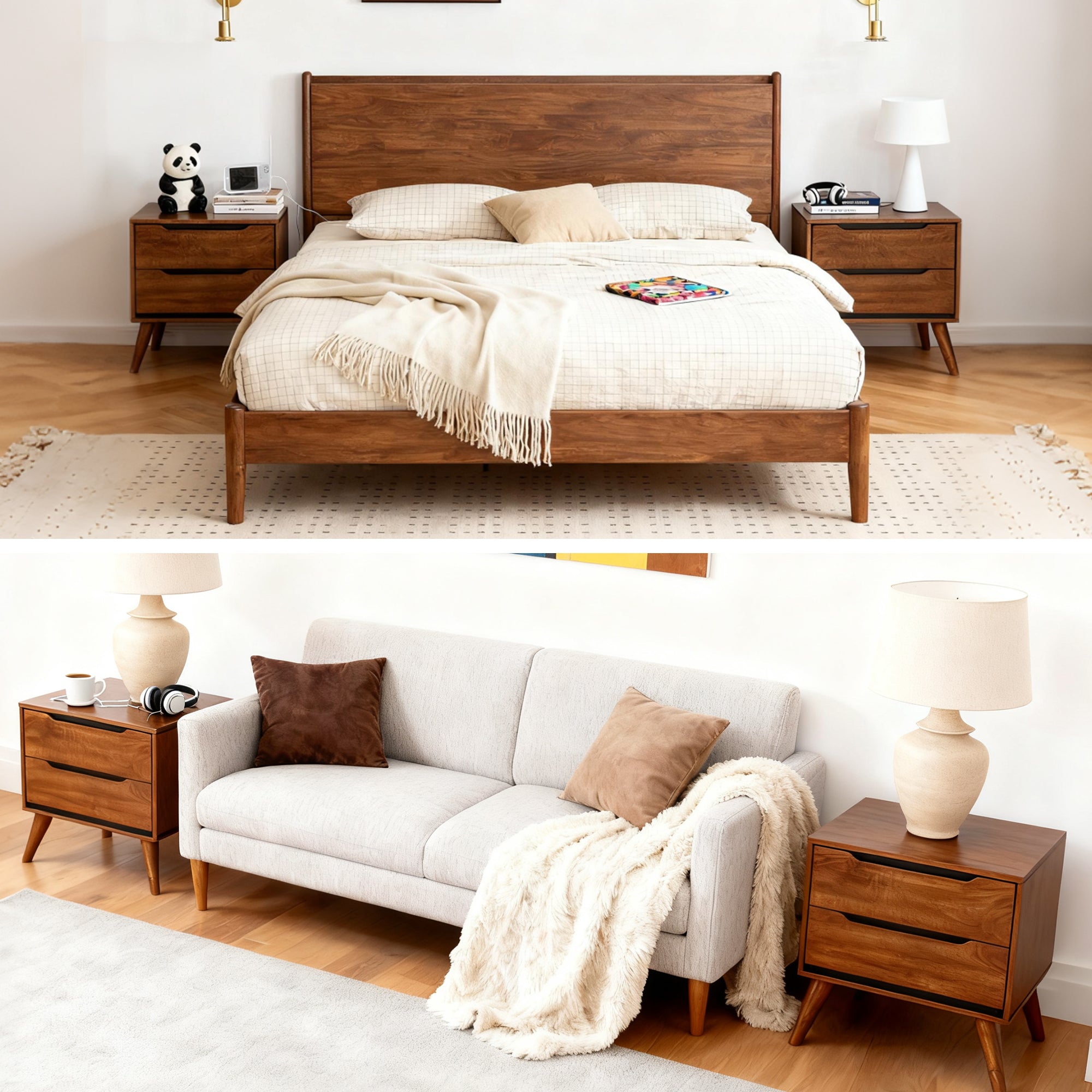 Practical scene images of an oak-colored modern wooden nightstand