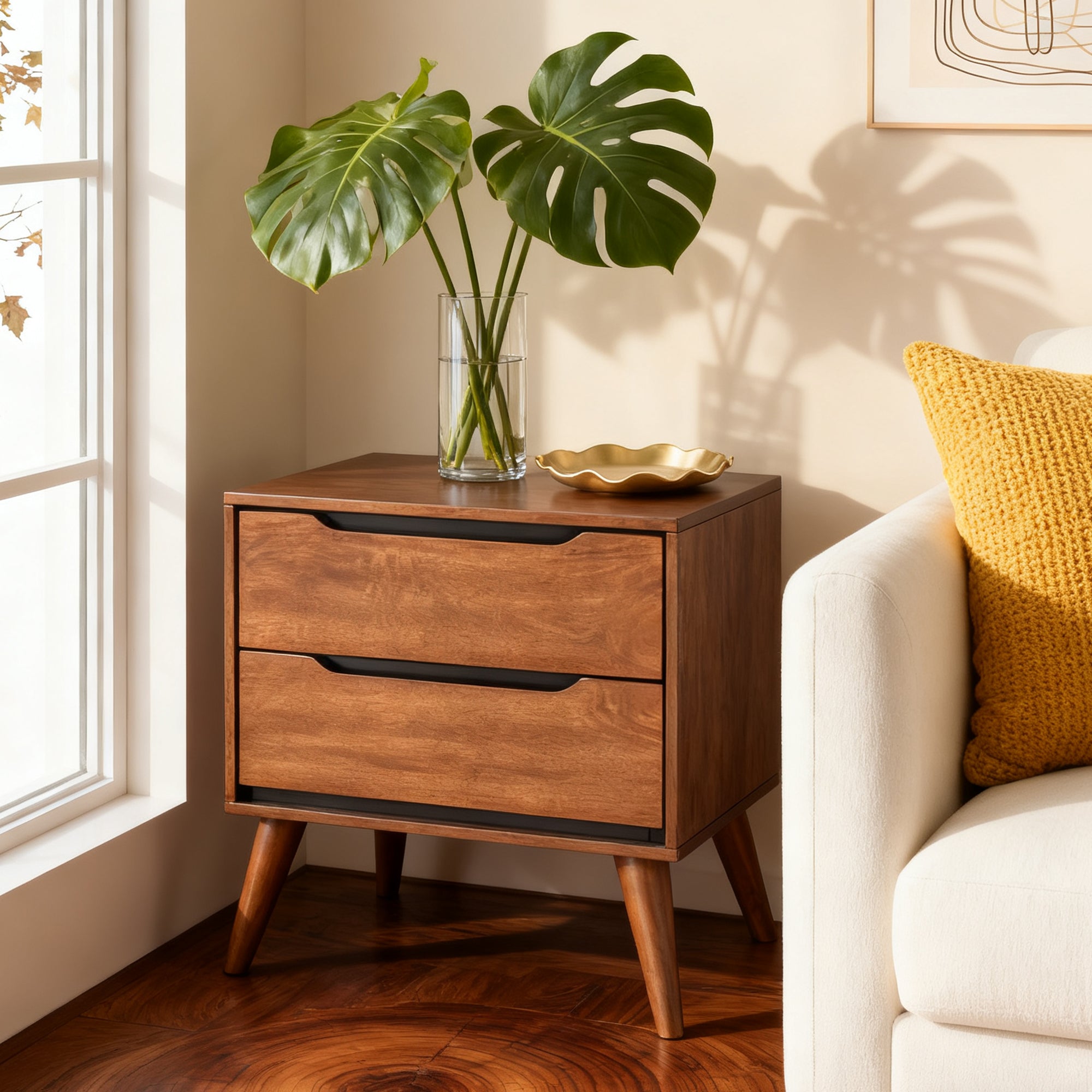 Bedroom scene images of an oak-colored modern wooden nightstand