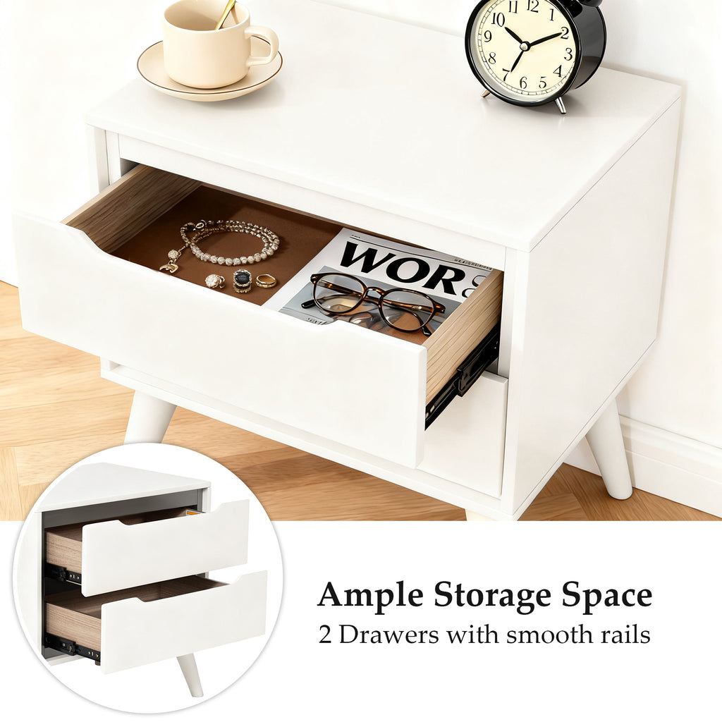 Modern White Wooden Nightstand with Ample Storage Space and Two Sliding Drawers - Detail Images