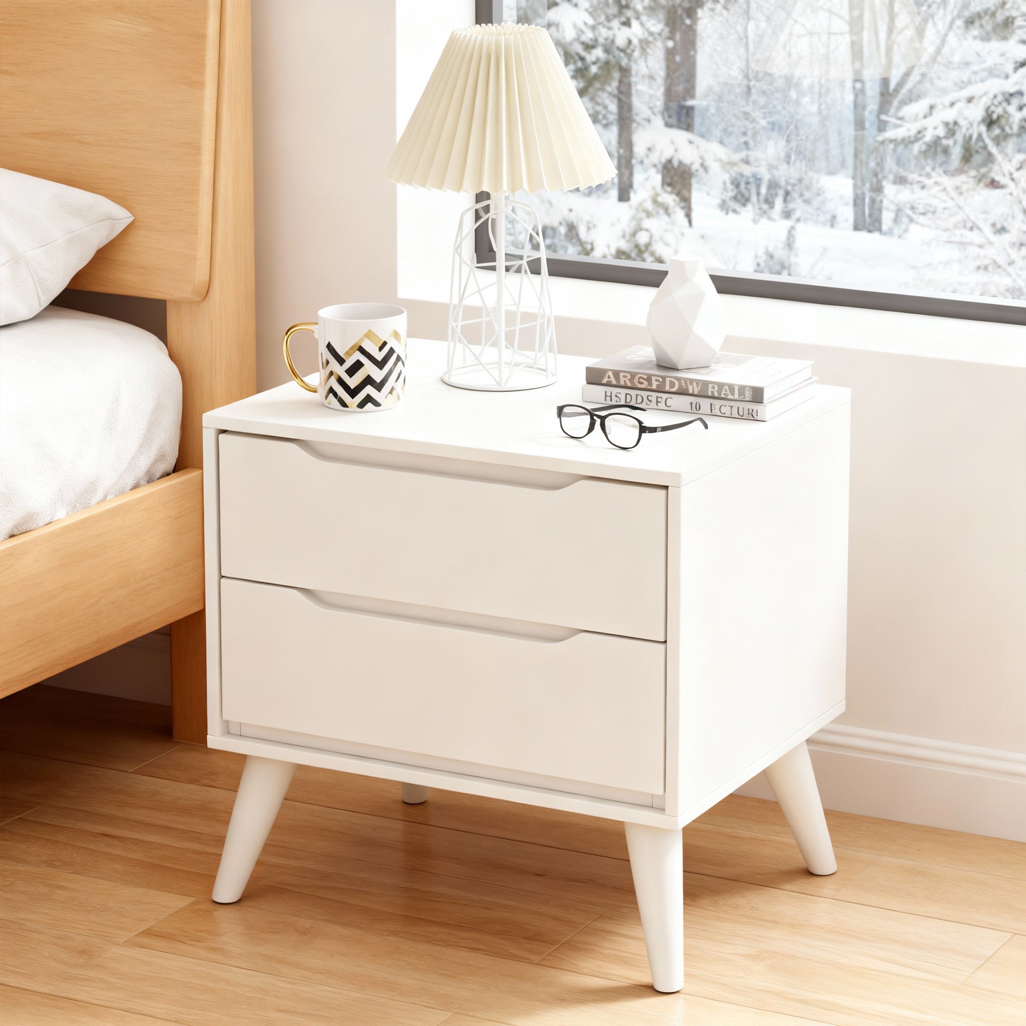 Practical Scene Images of the Modern White Wooden Nightstand