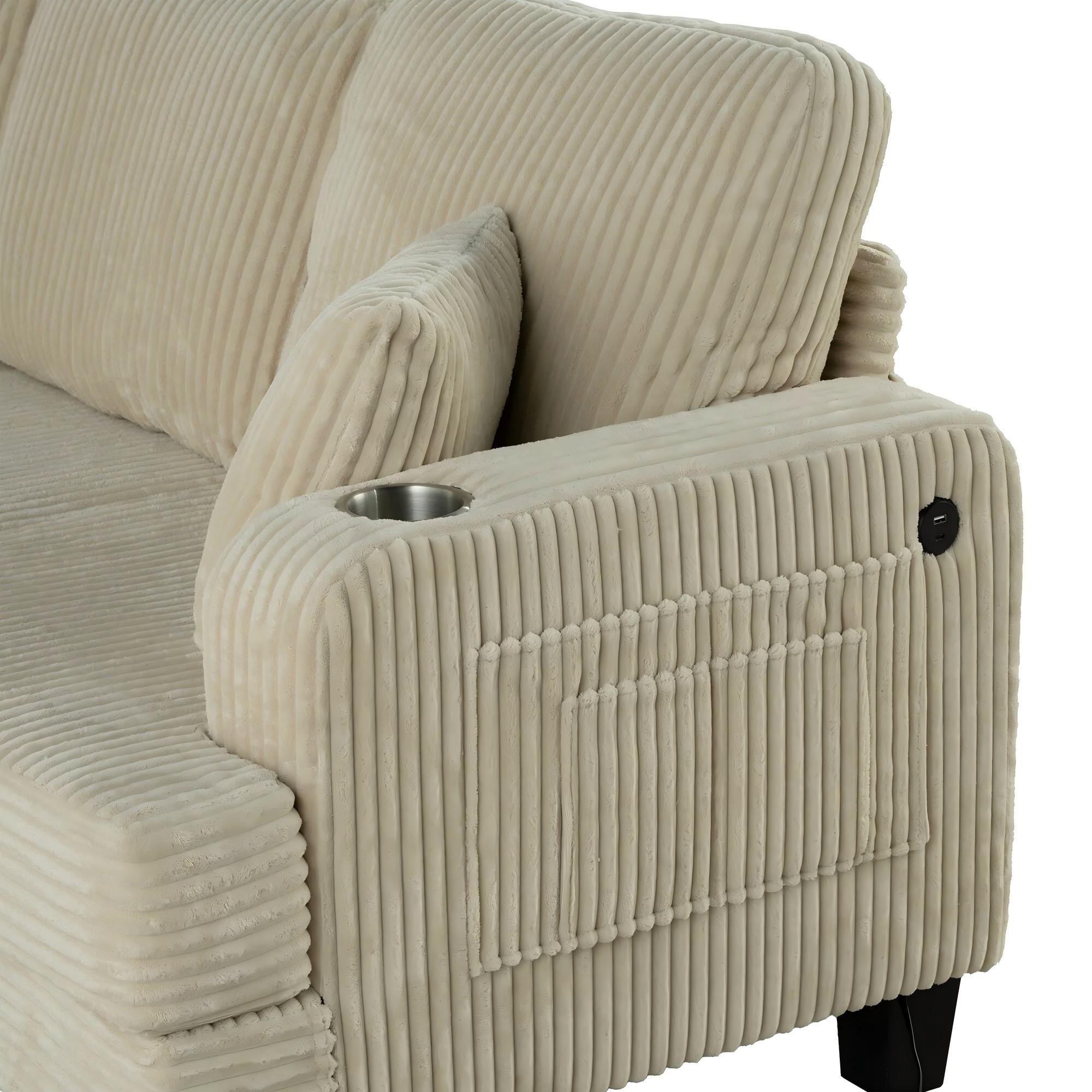 Contemporary Corduroy sofa with Cup Holders, USB Charging & Side Storage