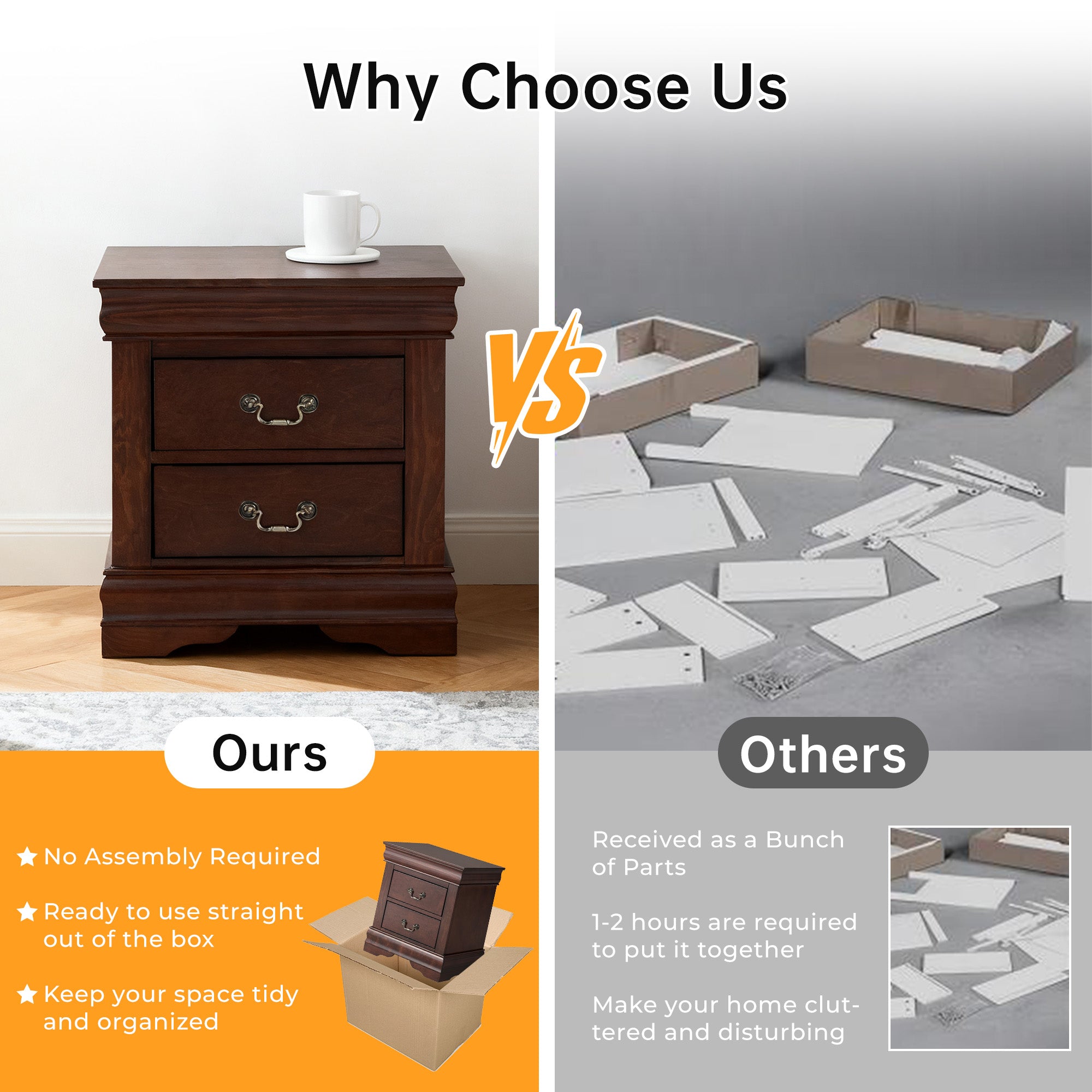 Fully Assembled Transitional Sleigh Wood Nightstand with 2 Dovetail Drawers and Metal Pulls