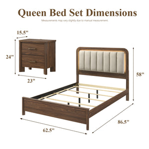 Mid-Century Modern Walnut 3-Piece Bedroom Set with Upholstered LED Platform Bed & 2 USB Charging Nightstands