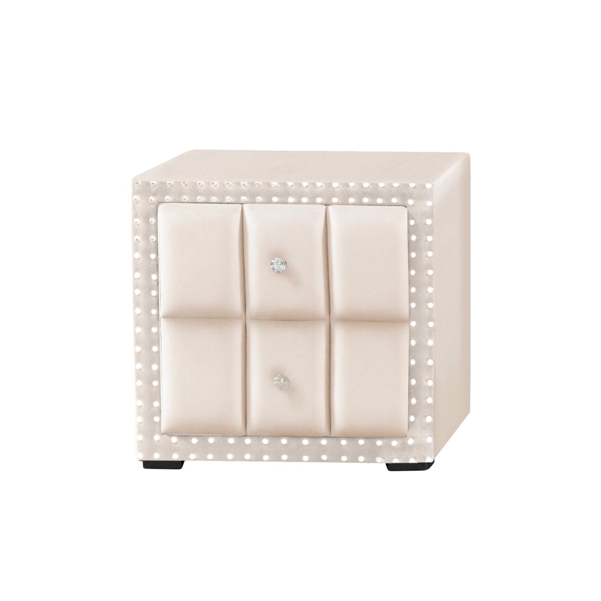 Fully Assembled Contemporary Upholstered Nightstand with Channel Tufting & Crystal Knobs