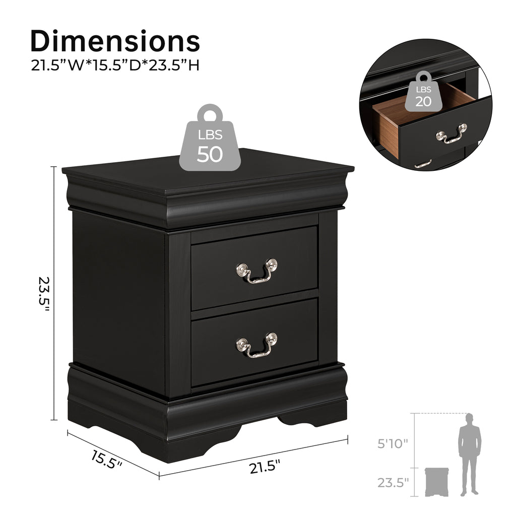 Fully Assembled Transitional Sleigh Wood Nightstand with 2 Dovetail Drawers and Metal Pulls