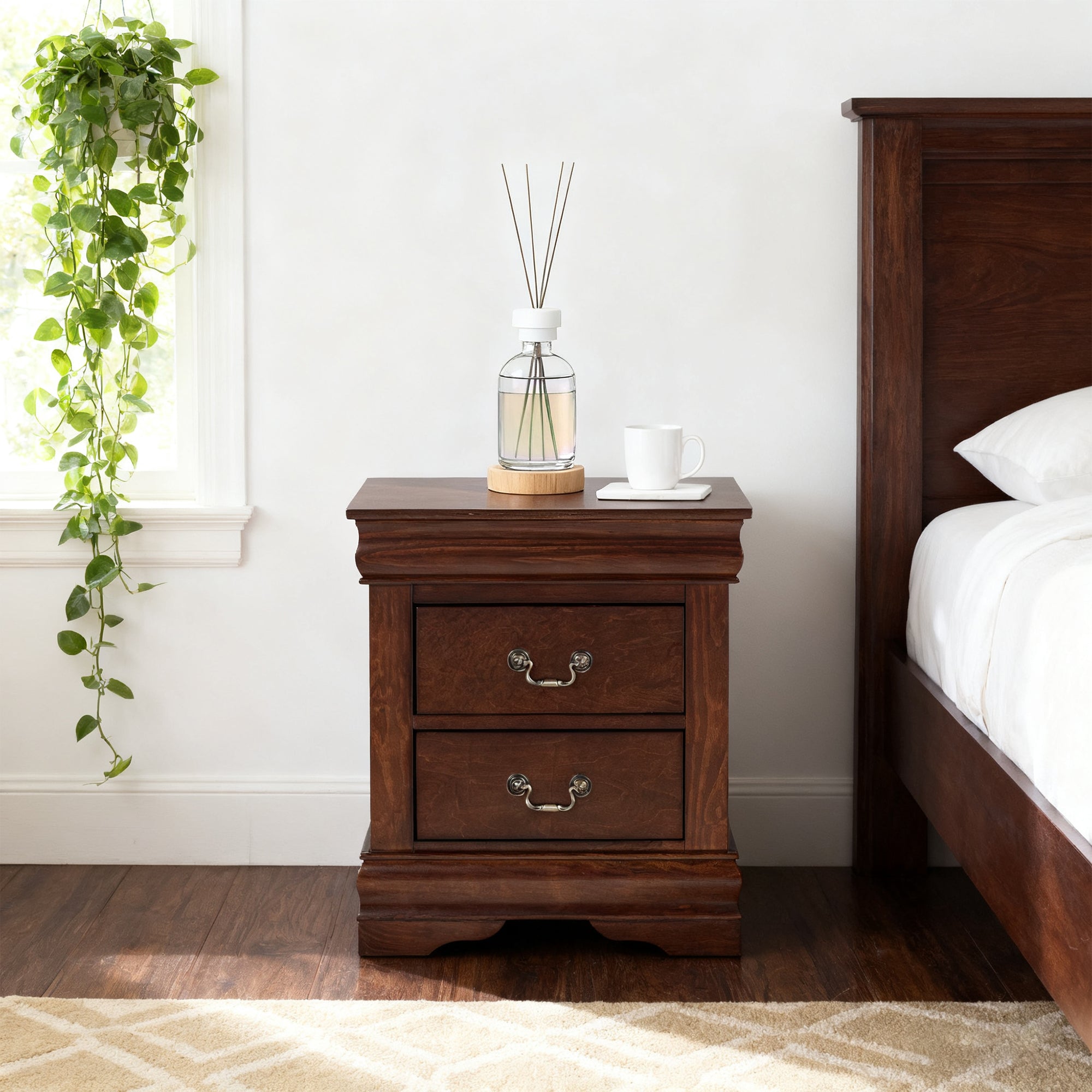 Fully Assembled Transitional Sleigh Wood Nightstand with 2 Dovetail Drawers and Metal Pulls