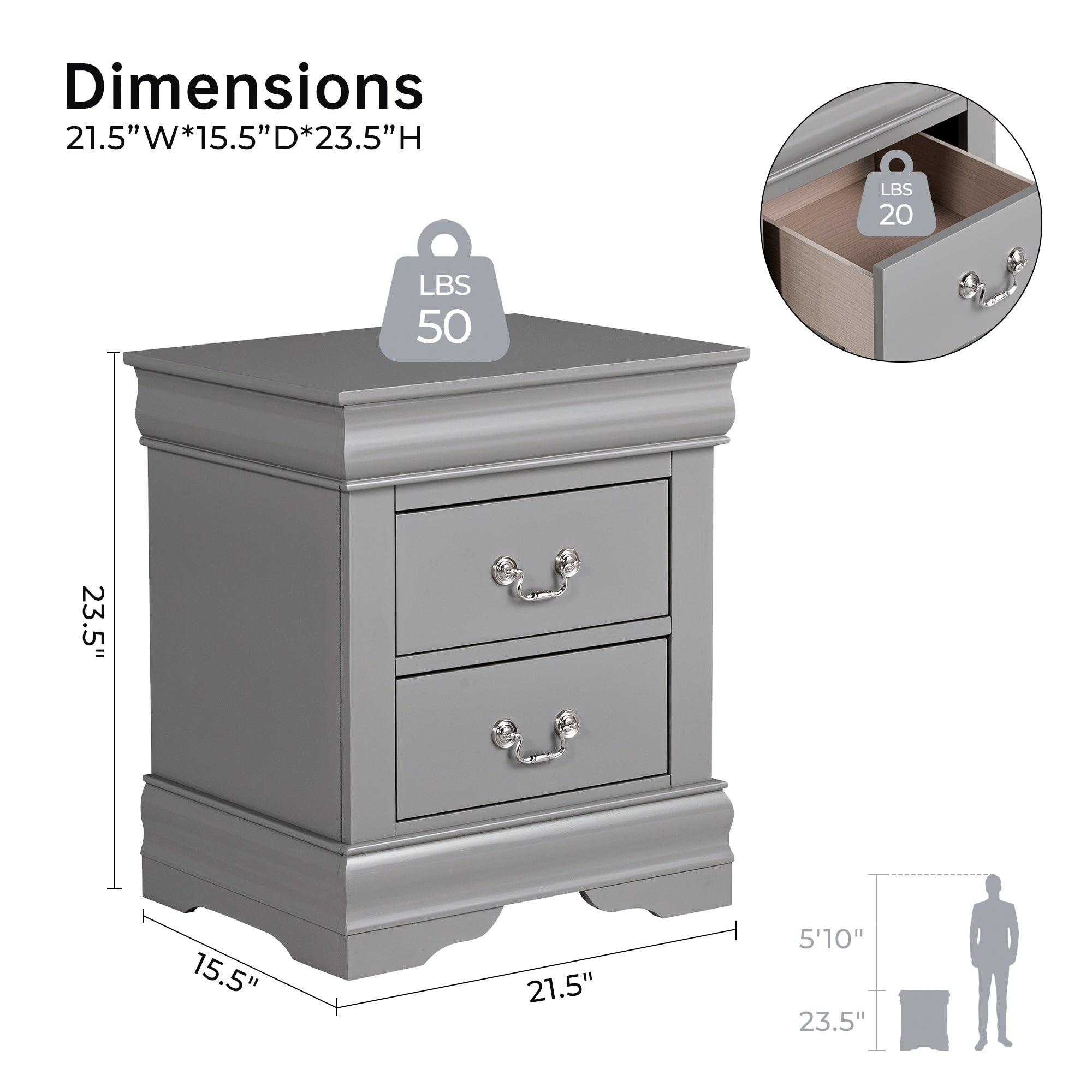 Fully Assembled Transitional Sleigh Wood Nightstand with 2 Dovetail Drawers and Metal Pulls