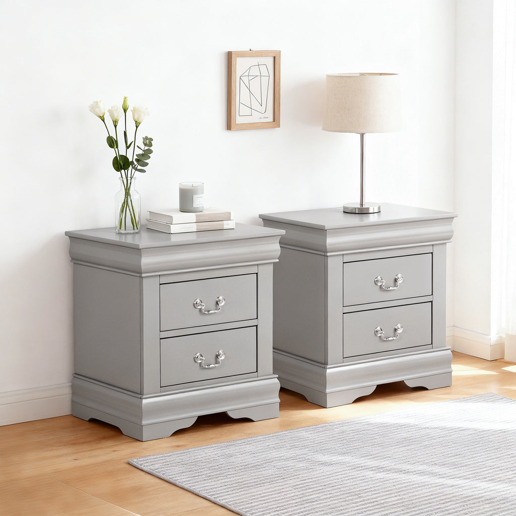 Fully Assembled Transitional Sleigh Wood Nightstand with 2 Dovetail Drawers and Metal Pulls