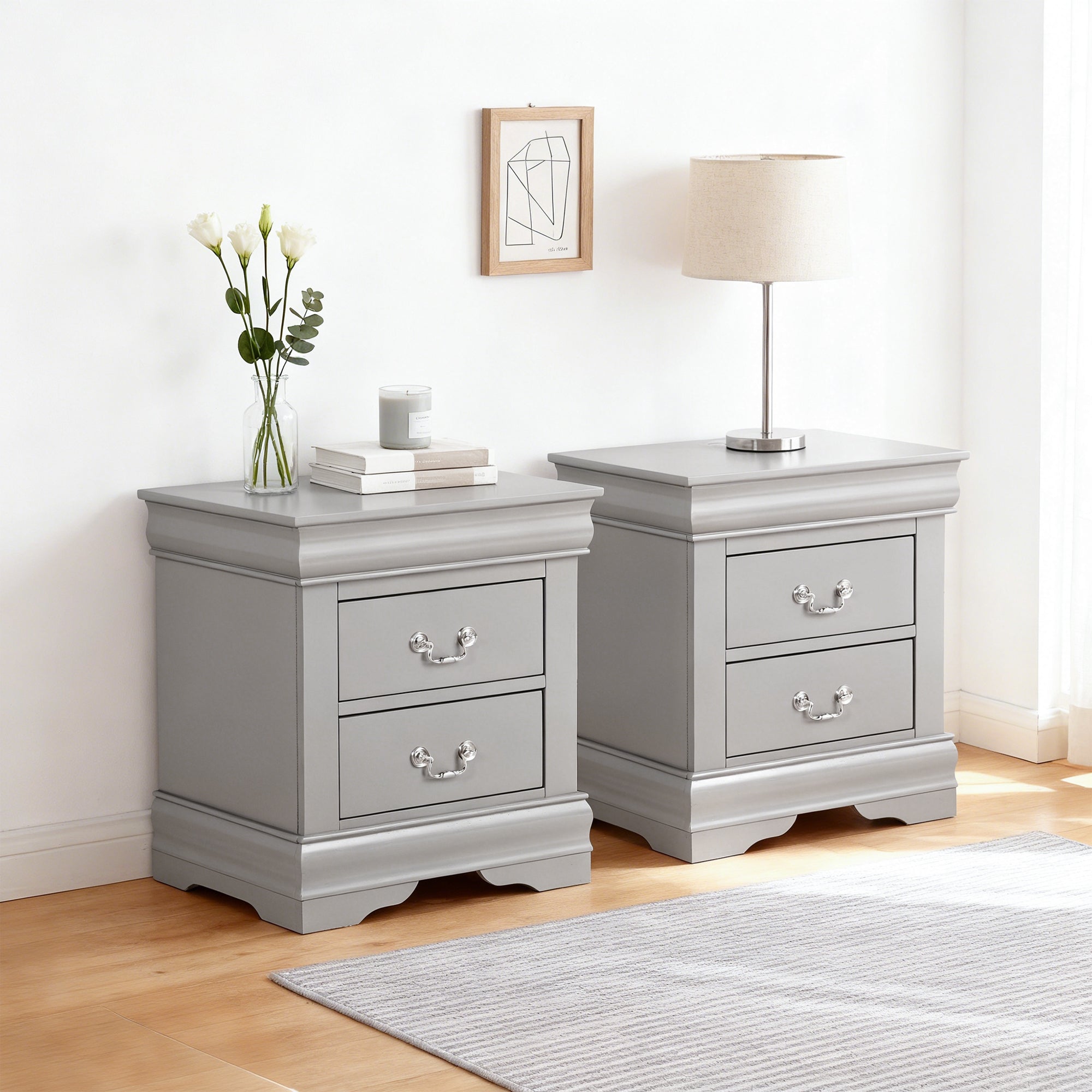 Fully Assembled Transitional Sleigh Wood Nightstand with 2 Dovetail Drawers and Metal Pulls