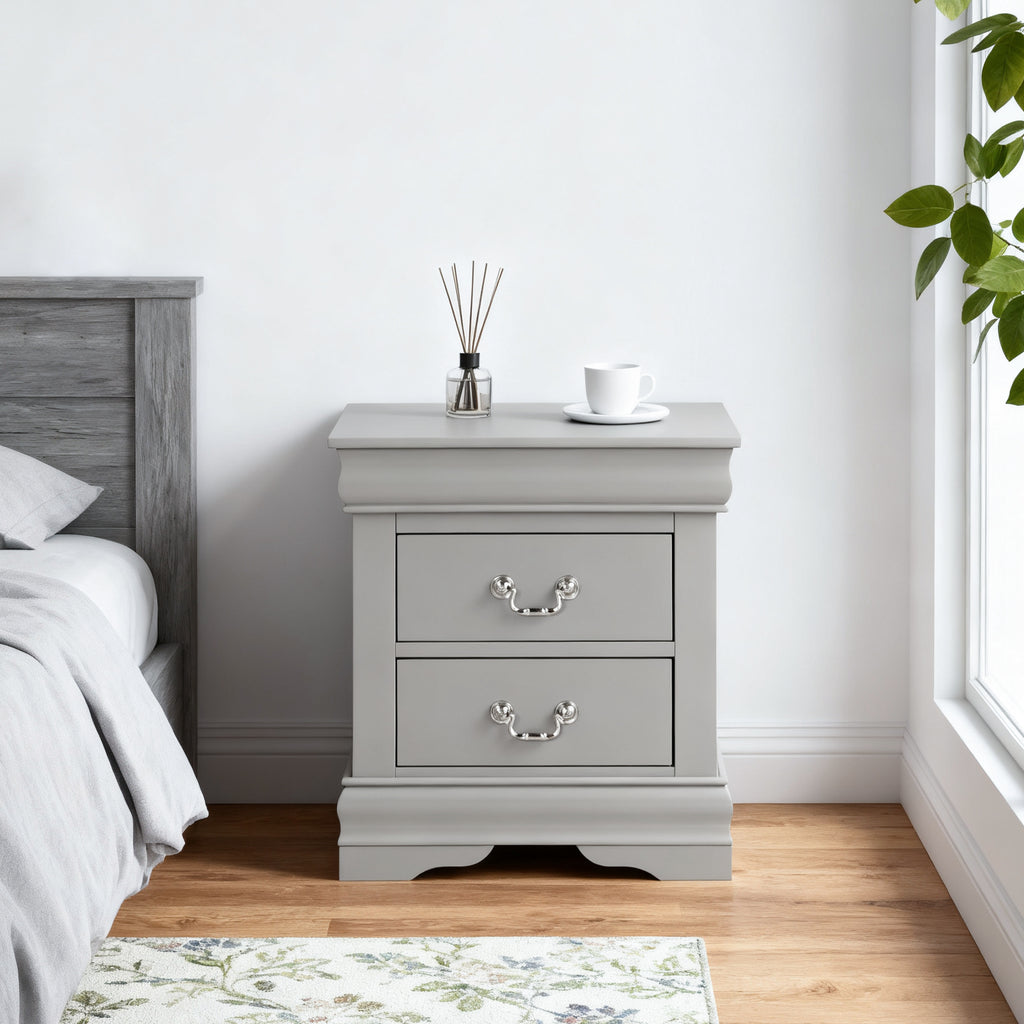 Fully Assembled Transitional Sleigh Wood Nightstand with 2 Dovetail Drawers and Metal Pulls