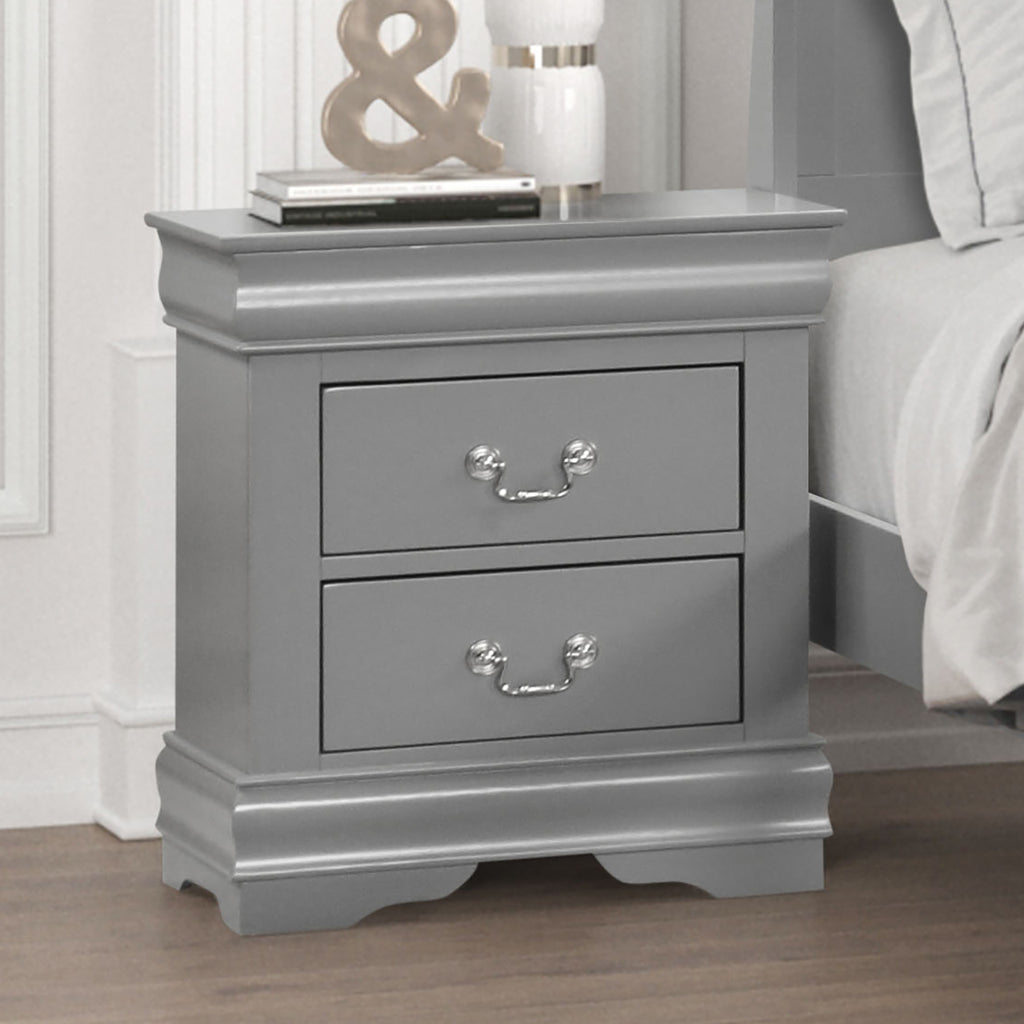 Fully Assembled Transitional Sleigh Wood Nightstand with 2 Dovetail Drawers and Metal Pulls