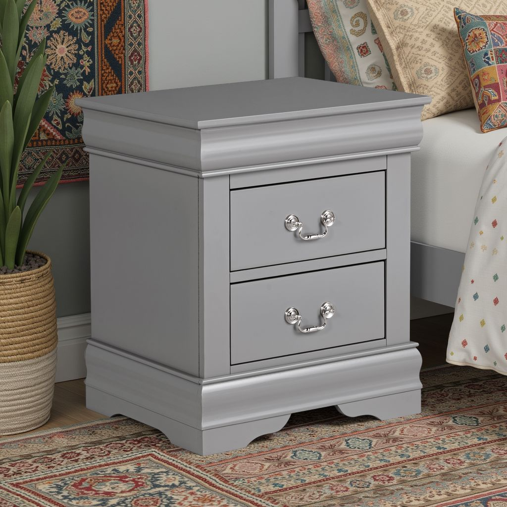 Fully Assembled Transitional Sleigh Wood Nightstand with 2 Dovetail Drawers and Metal Pulls