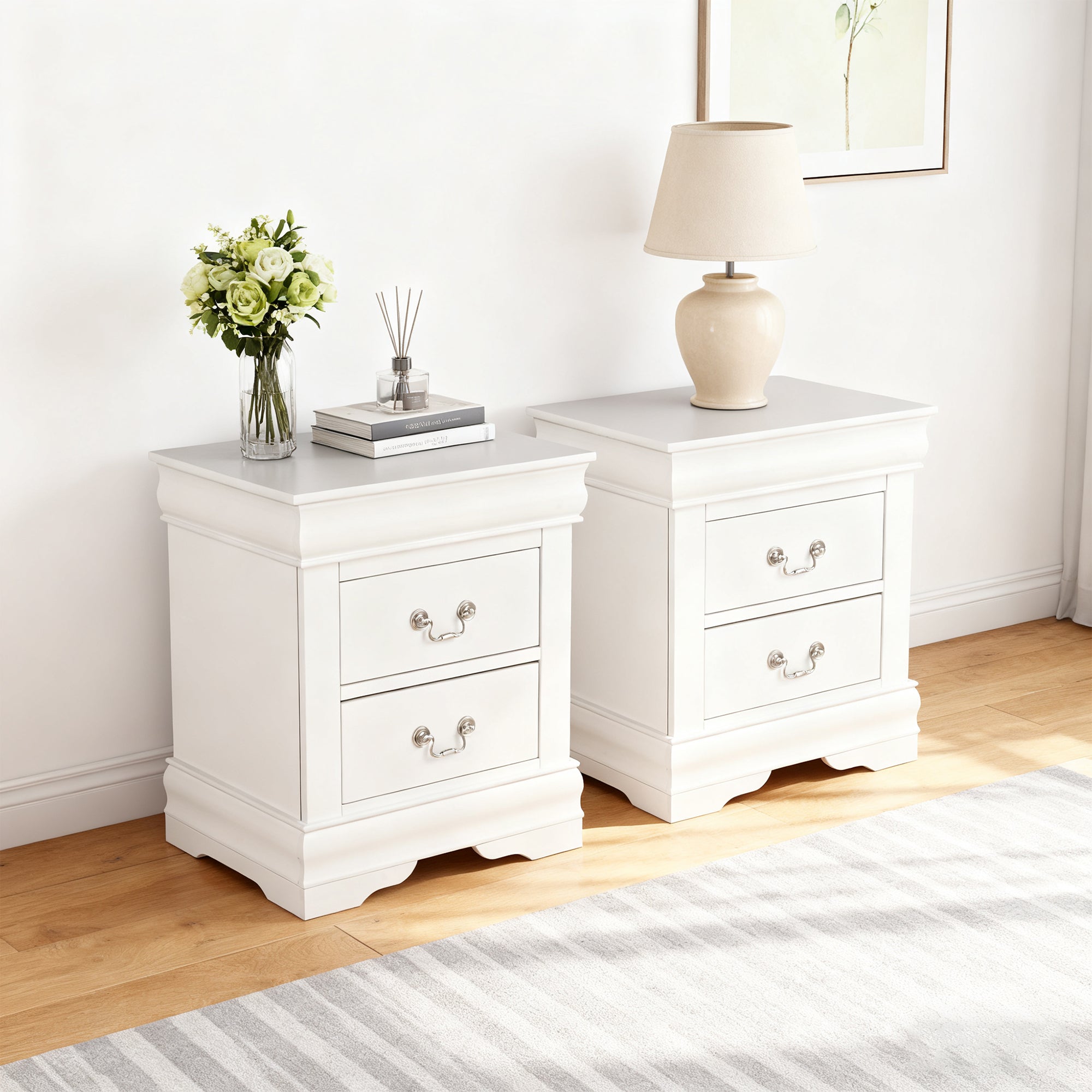 Fully Assembled Transitional Sleigh Wood Nightstand with 2 Dovetail Drawers and Metal Pulls