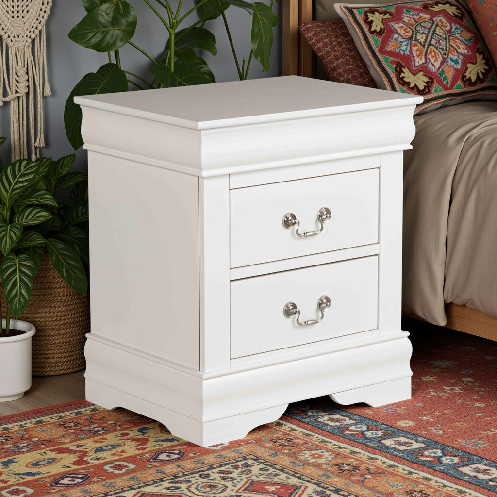 Fully Assembled Transitional Sleigh Wood Nightstand with 2 Dovetail Drawers and Metal Pulls