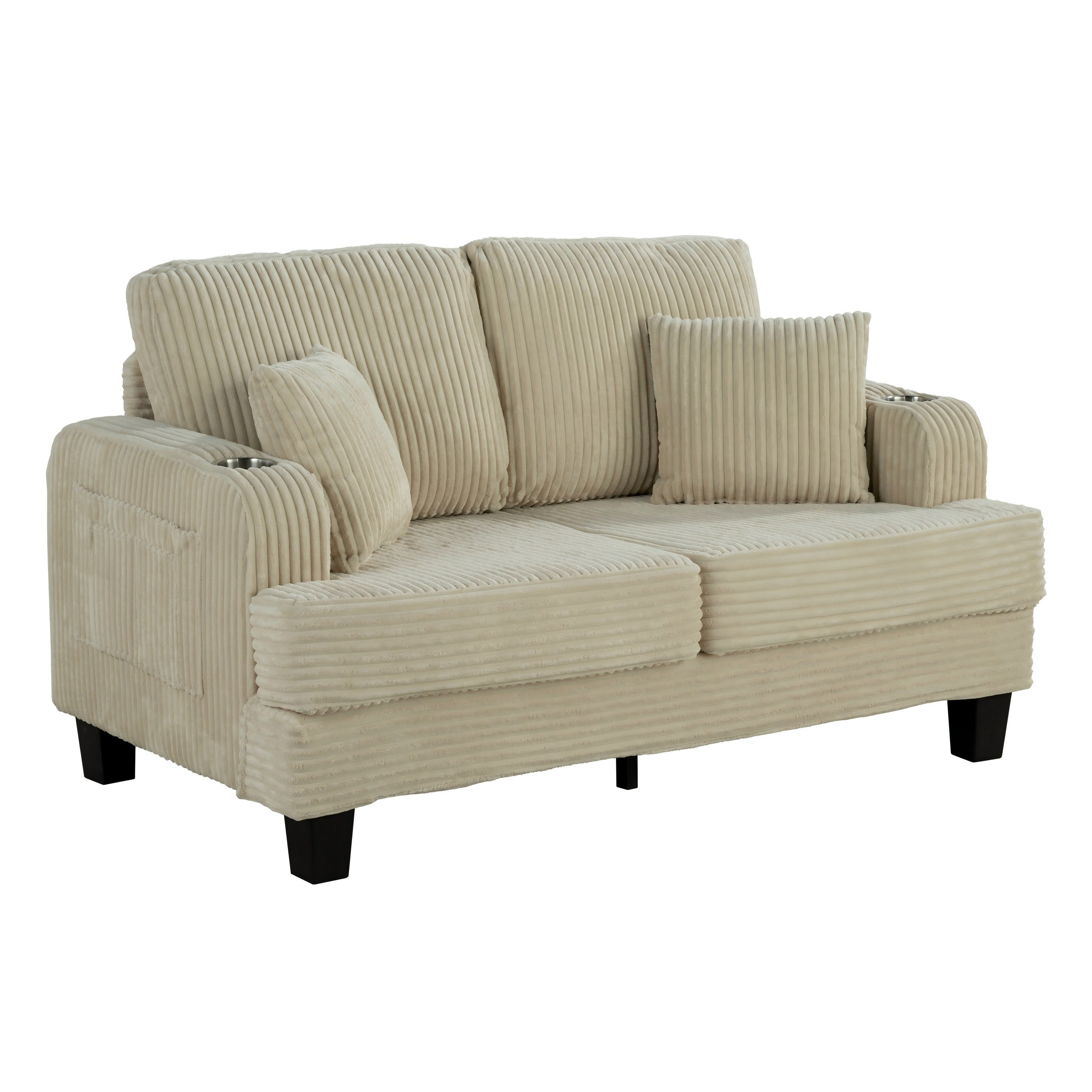Contemporary Corduroy Loveseat with Cup Holders and Side Storage