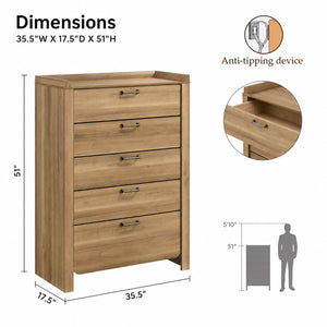 Transitional Natural Wood 5-Drawer Chest with Raised Edge Top & Curved Drawer Front – Fully Assembled