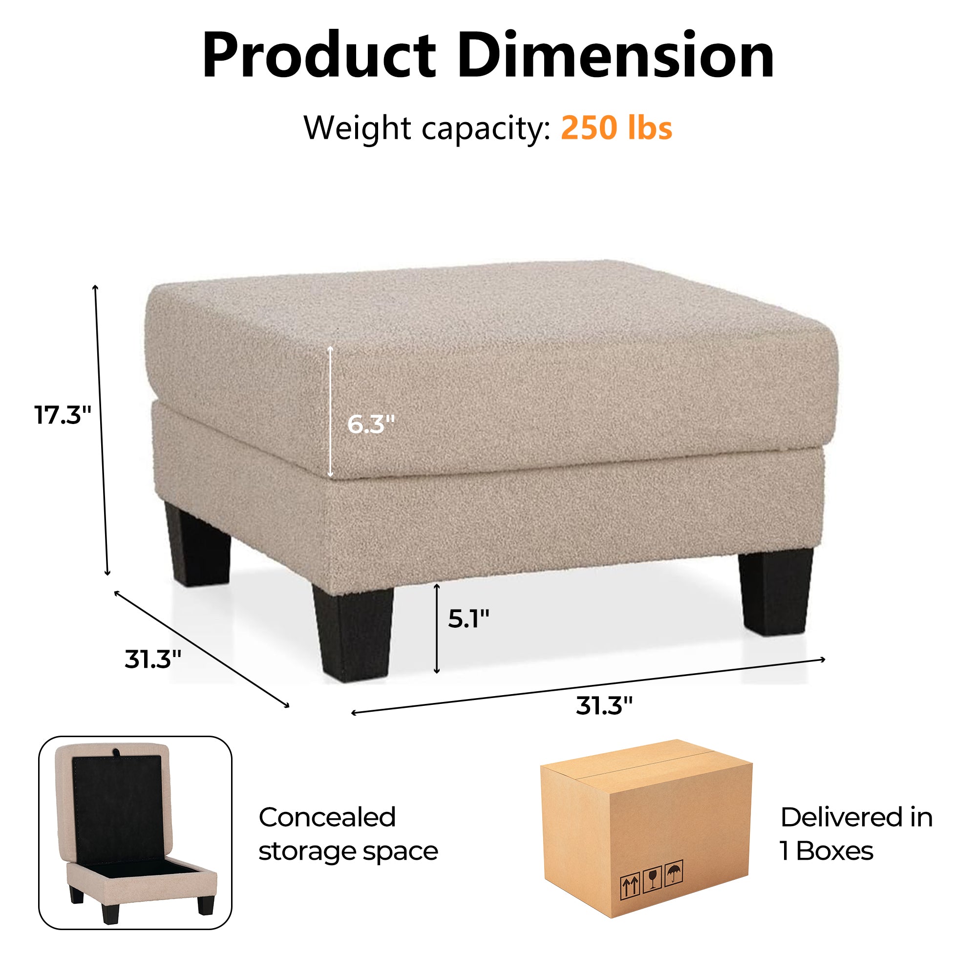 Contemporary Boucle Storage Ottoman for Living Room Seating