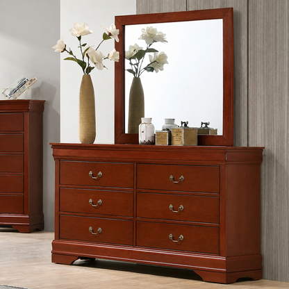 Transitional Sleigh Wood Dresser with Dovetail Drawers and Metal Pulls