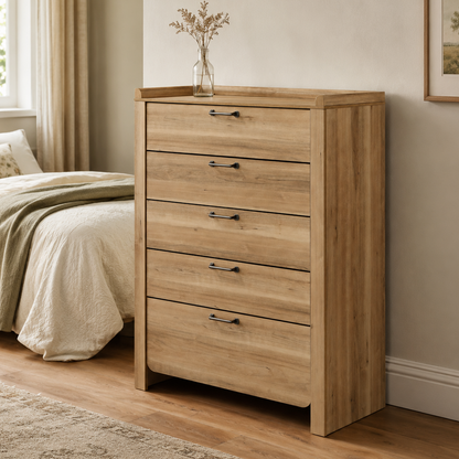 Transitional Natural Wood 5-Drawer Chest with Raised Edge Top & Curved Drawer Front – Fully Assembled