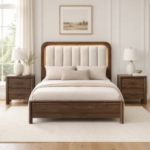 Mid-Century Modern Walnut 3-Piece Bedroom Set with Upholstered LED Platform Bed & 2 USB Charging Nightstands