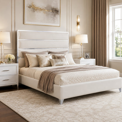 Modern Upholstered Bed with Stainless Steel Accents, Fully Upholstered Platform Bed, Mattress Ready