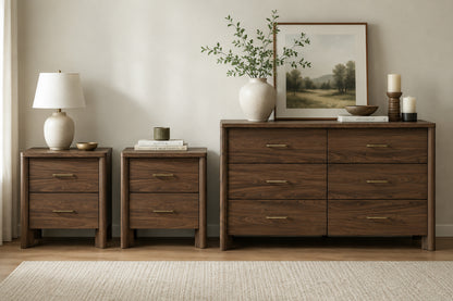 Mid-Century Modern Walnut 3-Piece Bedroom Storage Set with 2 Nightstands & Dresser with Optional Mirror