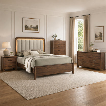 Mid-Century Modern Walnut 4-Piece Bedroom Set with Upholstered LED Platform Bed, Nightstand, Chest & Dresser with Optional Mirror